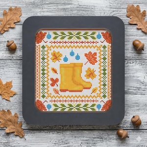 Yellow rain boots cross stitch pattern, atumn sampler xstitch, fall primitive design