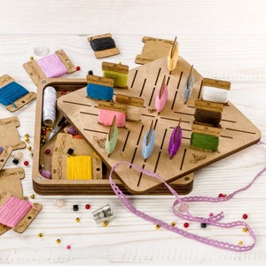 May include: A wooden box with a hinged lid, containing a thread organizer with slots for storing spools of thread. The box is open, revealing the thread organizer and a variety of colorful threads.