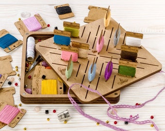 Embroidery threads holder + 46 floss bobbins, Modern cross stitch organizer, Plywood container for needlework