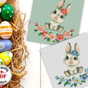 PDF Digital Easter Bunny Cross Stitch Patterns, Flower Rabbits Counted ...
