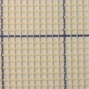 May include: Close-up of white Aida cloth with blue cross-stitch threads. The cloth is woven in a grid pattern, creating a surface for embroidery.