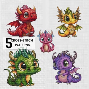 Cute baby dragons cross-stitch pattern, set of 5 needlepoint designs, fantasy embroidery for kids room, modern cross stitch design