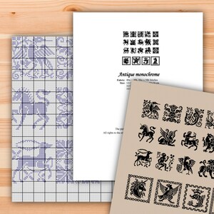 May include: A black and white cross stitch pattern featuring a variety of antique designs, including unicorns, griffins, and other mythical creatures. The pattern is printed on a white sheet of paper with the title "Antique Monochrome" and instructions for fabric and size.