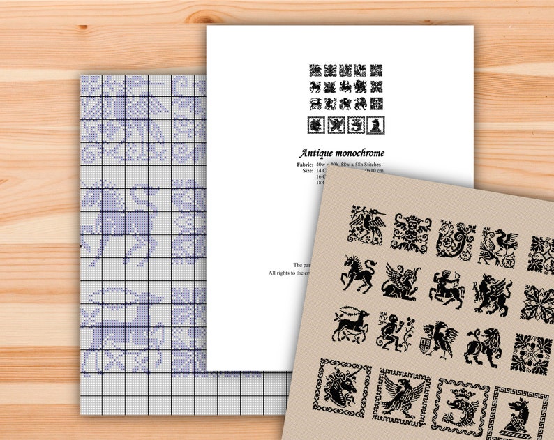 May include: A black and white cross stitch pattern featuring a variety of antique designs, including unicorns, griffins, and other mythical creatures. The pattern is printed on a white sheet of paper with the title "Antique Monochrome" and instructions for fabric and size.