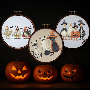 Halloween Monsters cross stitch pattern, Scary Goose, Black Cat & Chick x-stitch, trick or treat design digital