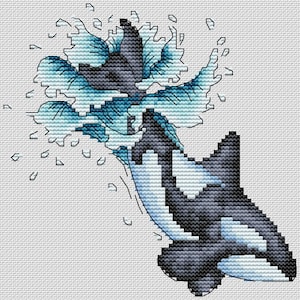 Whale jamp cross stitch pattern, big ocean fish x-stitch pdf, ocean animal counted x-stitch, nautical motif digital files, ocean flower PDF