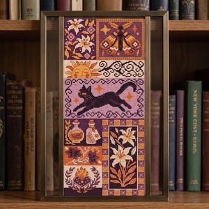 Kreuzstichmuster Schwarze Katze, Hexen-Patchwork-Muster (PDF), Halloween-Kunst