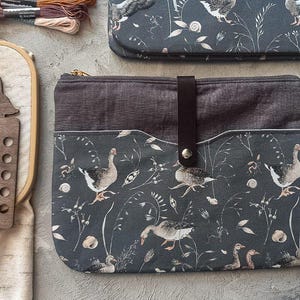 Project Bag for Embroidery and Cross Stitch, Zippered Pouch with Geese Print, Linen Stitch Case