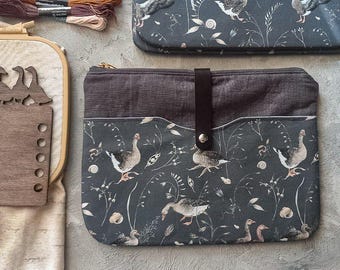 Project Bag for Embroidery and Cross Stitch, Zippered Pouch with Geese Print, Linen Stitch Case