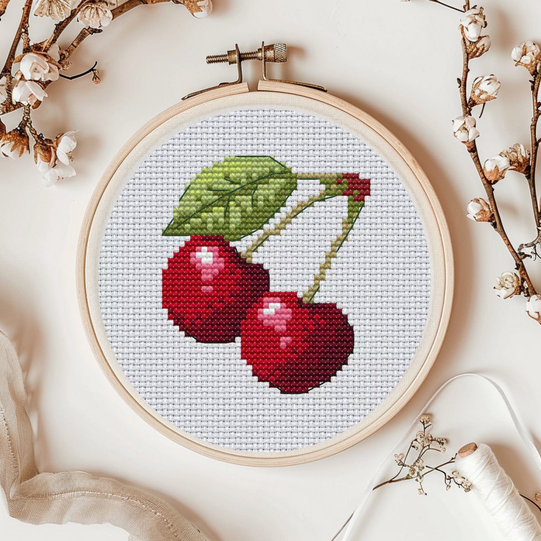 Cherries Cross-stitch Pattern, Berries X-stitch Design, Mini