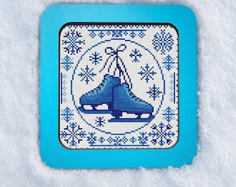 Ice Skates & Snowflakes cross stitch pattern, Winter Sport Sampler xstitch