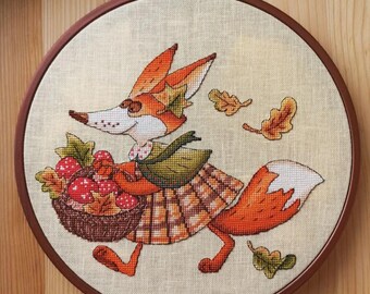 Autumn fox cross-stitch pattern, cute fox with mushrooms in basket in Ukrainian costume design, PDF digital, easy cross-stitch