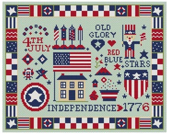May include: A cross-stitch design featuring patriotic symbols. The design includes an American flag, a house, fireworks, and the text "4th of July," "Old Glory," "Red, Blue, Stars," and "Independence 1776." The color palette is red, white, and blue.