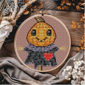 Halloween pumpkin cross stitch pattern, cute scarecrow, DIY autumn home decor, PDF x-stitch design