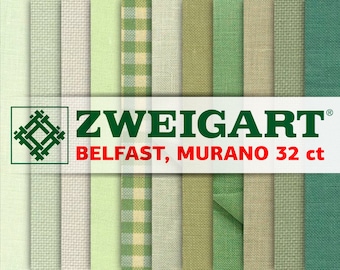 Puede incluir: Una colección de 10 colores diferentes de tela Aida Zweigart Belfast, Murano 32 ct. La tela es de color verde claro con una textura sutil.