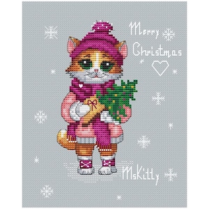 Patrón de punto de cruz de gato navideño, diseño de gatito jengibre en PDF con árbol de Navidad, animal de invierno xstitch, deseos de Feliz Navidad