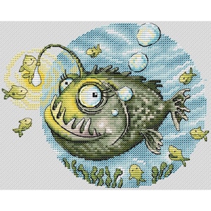 Anglerfish cross stitch pattern, Exotic tropical fish x-stitch PDF, ocean fish digital file