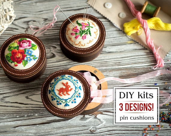 Cross-stitch Pincushions DIY Set of 3 Kits, Needle Case Box Making Kit for  Adults, Pin Cushion Embroidery Design, Floral Xstitch Pattern 