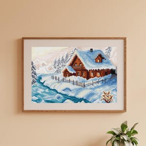 Winter house cross-stitch pattern, Christmas country house PDF digital, Xmas cottage x-stitch design
