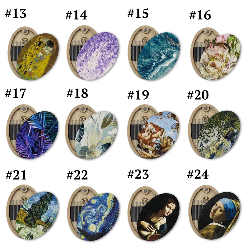 May include: Twelve oval-shaped wooden boxes with a variety of famous paintings printed on the lids. The boxes are numbered 13 through 24.