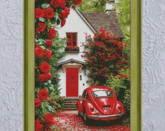 House in roses cross stitch, country cottage garden pattern, red vintage car x-stitch