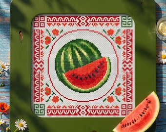 Korsstygnsmönster för vattenmelon, fruktprover med korsstygn, design av söt mat, enkel väggkonst i köket