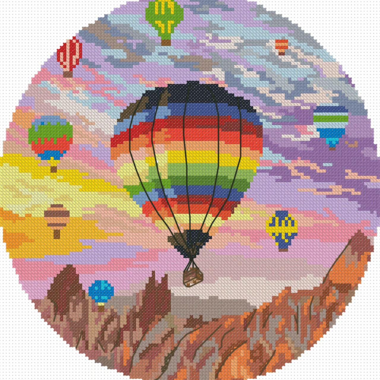 Hot Air Baloons Cross Stitch Pattern, Rainbow Balloons X-stitch