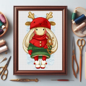 Girl in an antlers hat PDF cross stitch pattern, minimalist cartoon girl xstitch, modern winter Xmas design