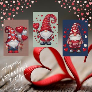 May include: Three Valentine's Day gnome illustrations. Each gnome wears a red hat and holds a heart-shaped item. One gnome holds heart balloons, another holds a heart-shaped balloon with the word "LOVE", and the third holds a heart with the text "YOU'RE THE GNOME FOR ME".