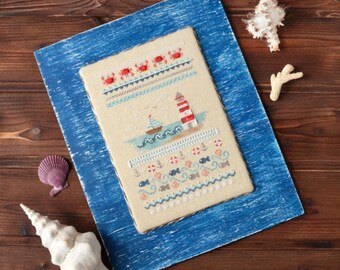 Lighthouse, sailboat cross stitch pattern, seascape sampler x-stitch pdf, nautical counted cross stitch, sea view modern cross stitch