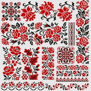 フォーククロスステッチパターン、手作り刺繍用のウクライナの民族デザイン、花のモチーフ、PDF、PEF、Sagaファイル