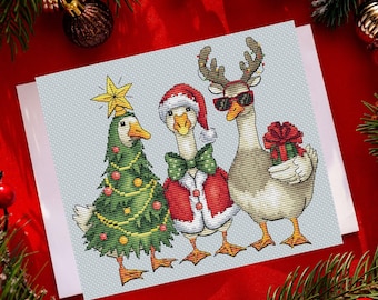 Christmas Goose cross stitch pattern, Xmas birds x-stitch design
