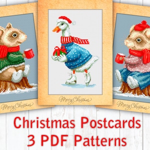 PDF Kreuzstichmuster für Weihnachtspostkarten, Gans und Maus Xstittchmuster