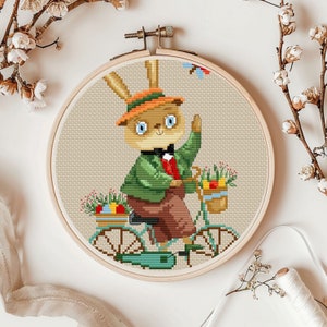 Modèle de point de croix lapin de Pâques, lapin à vélo, grilles de point de croix, DIY cartes postales lapin