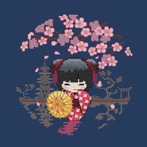 Geisha Cross Stitch Pattern, Japanese Girl & Cherry Blossom Design ...