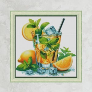 Lemonade cocktail cross stitch pattern, summer drink x-stitch, ice in glass design, lemon, mint, digital file PDF