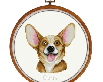 Corgi cross stitch pattern, cute dog portrait x-stitch design, modern cross stitch