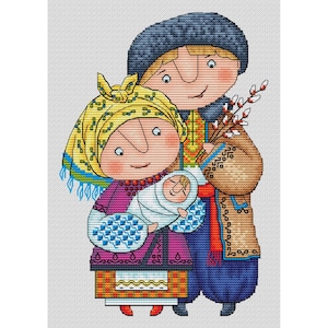 Palm Sunday Family Celebration x-stitch, Ukrainian style Easter pattern digital file PDF