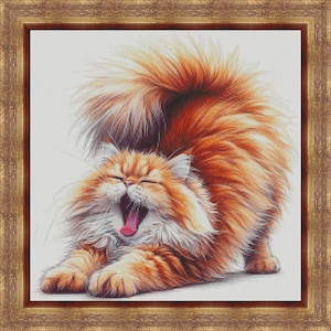 Red Cat Cross Stitch Pattern, Stretching Ginger Cat x-stitch design, Fluffy Pet instant download PDF
