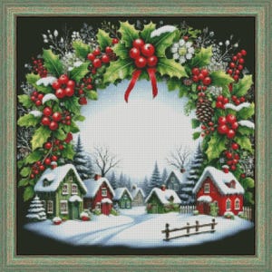 Xmas country houses cross-stitch pattern, Christmas wreath DIY wall art, winter cottage x-stitch design
