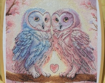 Love Owls cross stitch pattern, Owl Couple x-stitch, he & she watercolor design, birds on branch counted cross stitch chart
