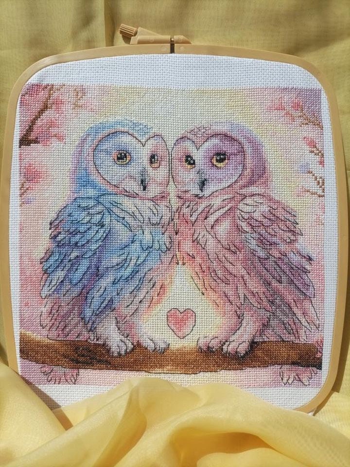 Love Owls cross stitch pattern, Owl Couple x-stitch, he & she watercolor design, birds on branch