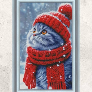 Winter gray cat cross stitch, fluffy pet in red hat pattern, realistic animal portrait x-stitch design