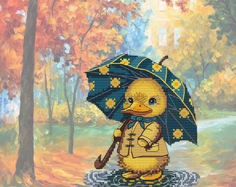 アヒルの子のクロスステッチパターン、傘を持ったアヒルの刺繍の絵を