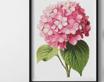 Hydrangea cross stitch pattern, pink garden flowers x-stitch pdf design, sommer floral stitching wall art, botanical modern cross stitch