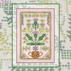Thistle tree of life cross stitch pattern, floral sampler needlework design, x-stitch craft, DIY wall decor