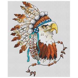 Può includere: Un'aquila marrone e bianca che indossa un copricapo colorato con piume e perline. L'aquila ha un becco giallo e occhi blu.