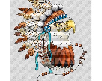 Eagle in War Bonnet cross stitch pattern, Wild Bird in Roach x-stitch design PDF digital