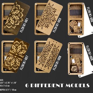 May include: Six wooden boxes with intricate laser-cut designs on the lids. Each box has a different design and is labeled with a unique product code, such as "FLZB(N)-001" and "FLZB(N)-005". The boxes are approximately 5.91 inches by 2.76 inches by 1.18 inches in size.