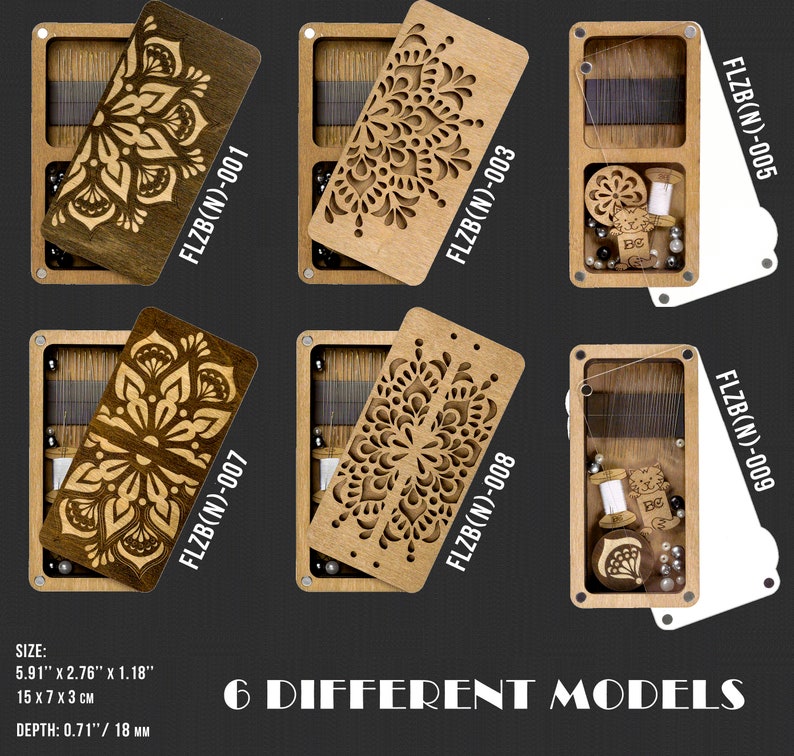 May include: Six wooden boxes with intricate laser-cut designs on the lids. Each box has a different design and is labeled with a unique product code, such as "FLZB(N)-001" and "FLZB(N)-005". The boxes are approximately 5.91 inches by 2.76 inches by 1.18 inches in size.